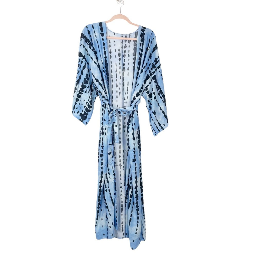 Boho Tie Dye Blue Beach Swim Coverup Maxi Duster Front Tie Flowy Ombre Pockets - Picture 6 of 12